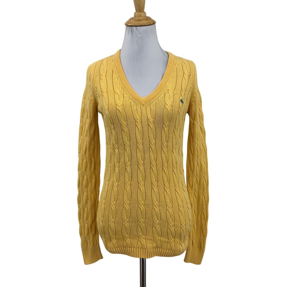 Lacoste Sweater Womens 34 Duckling Cotton Cable Knit V Neck Embroidered Pullover